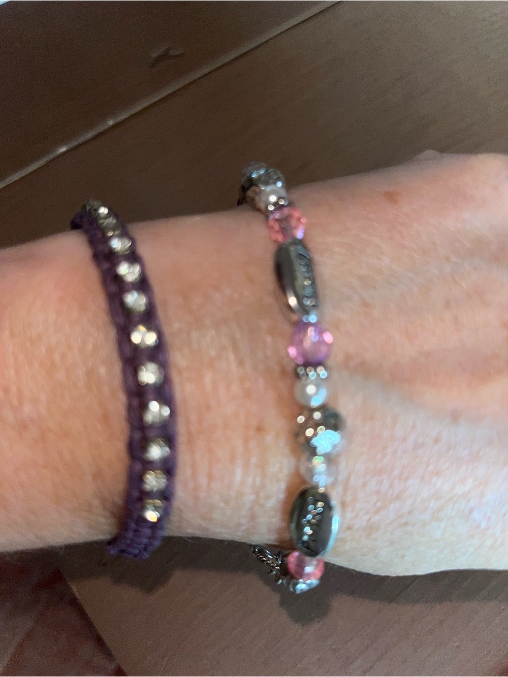 Duo of bracelets stretchy and adjustable purple euc princess mom love cute Y2K